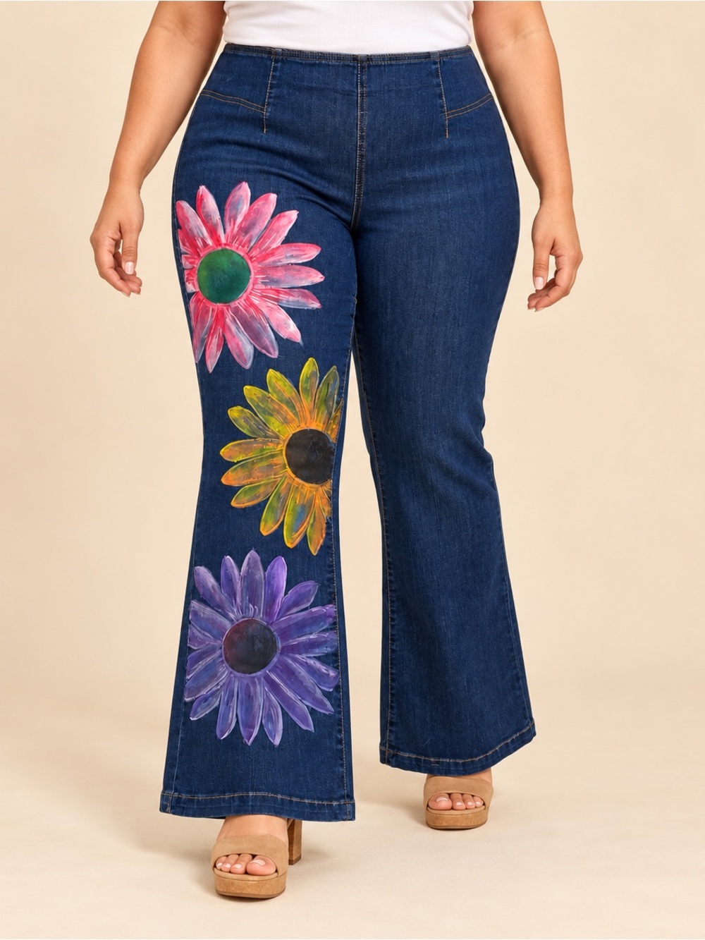 Hand Painted Floral Flare Jeans 16W Knox Rose Dark Wash Boho NWT